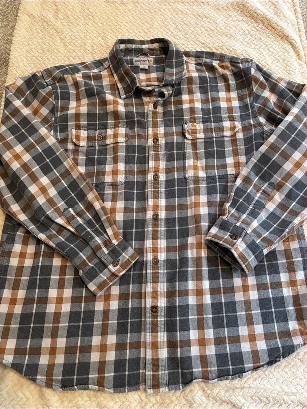 Carhartt Men’s Blue, Brown & White Plaid Flannel Button-Down Shirt